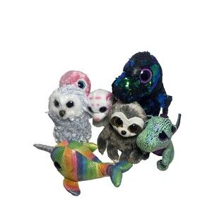 Ty Beanie Boos 7 pc Lot Collection Crunch Cinder Dangler Nori Owlette Tusk Tabor